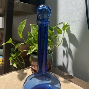 Vintage Cobalt Blue Blown Glass Bottle Decanter With Stopper Mid Century 13"